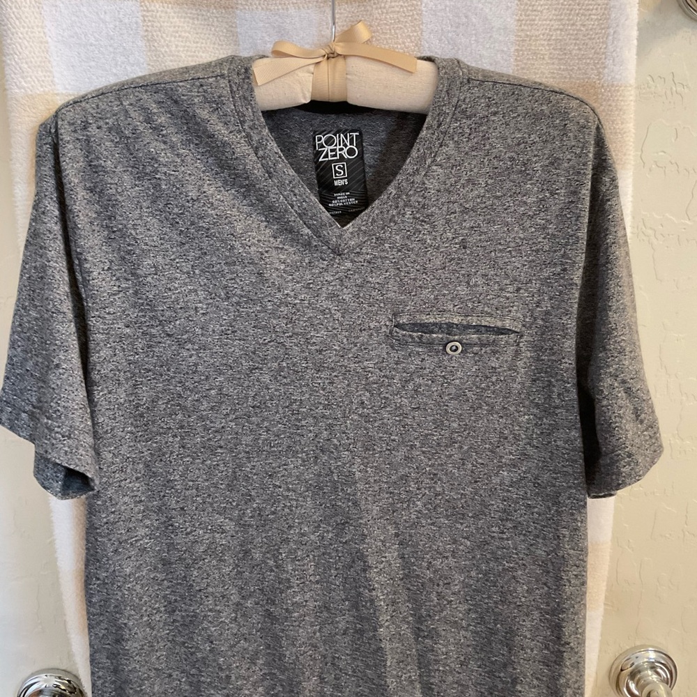 Point Zero Charcoal Grey V Neck T Shirt, button Chest Pocket, SLIM FIT, Small